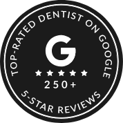 Badge that reads top rated dentist on Google over 250 5 star reviews