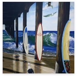 Surfboards on walls in pediatric dental office