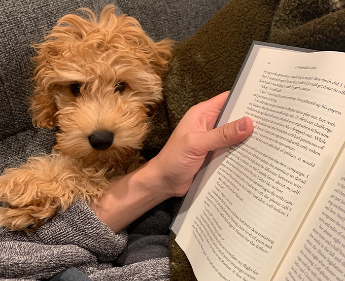 Doctor Suh reading a book with his dog in his lap