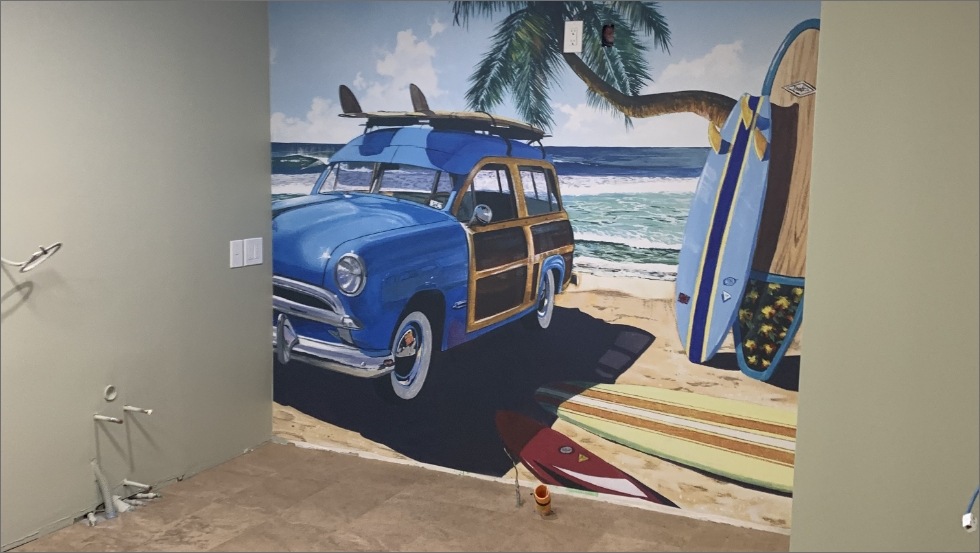 Mural of beach surfboard and car